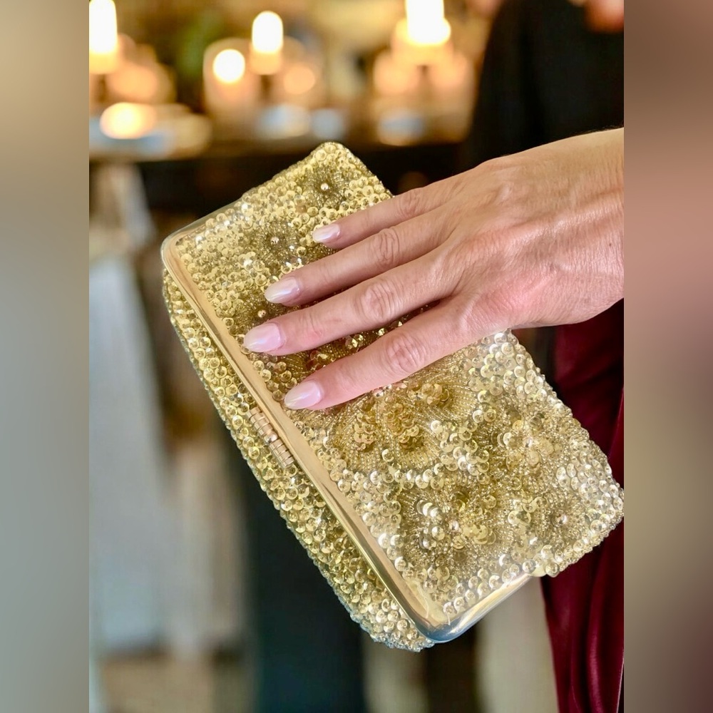 Vintage Gold Satin Sequin & Beaded Folded Clutch Bag - Picture 3 of 15